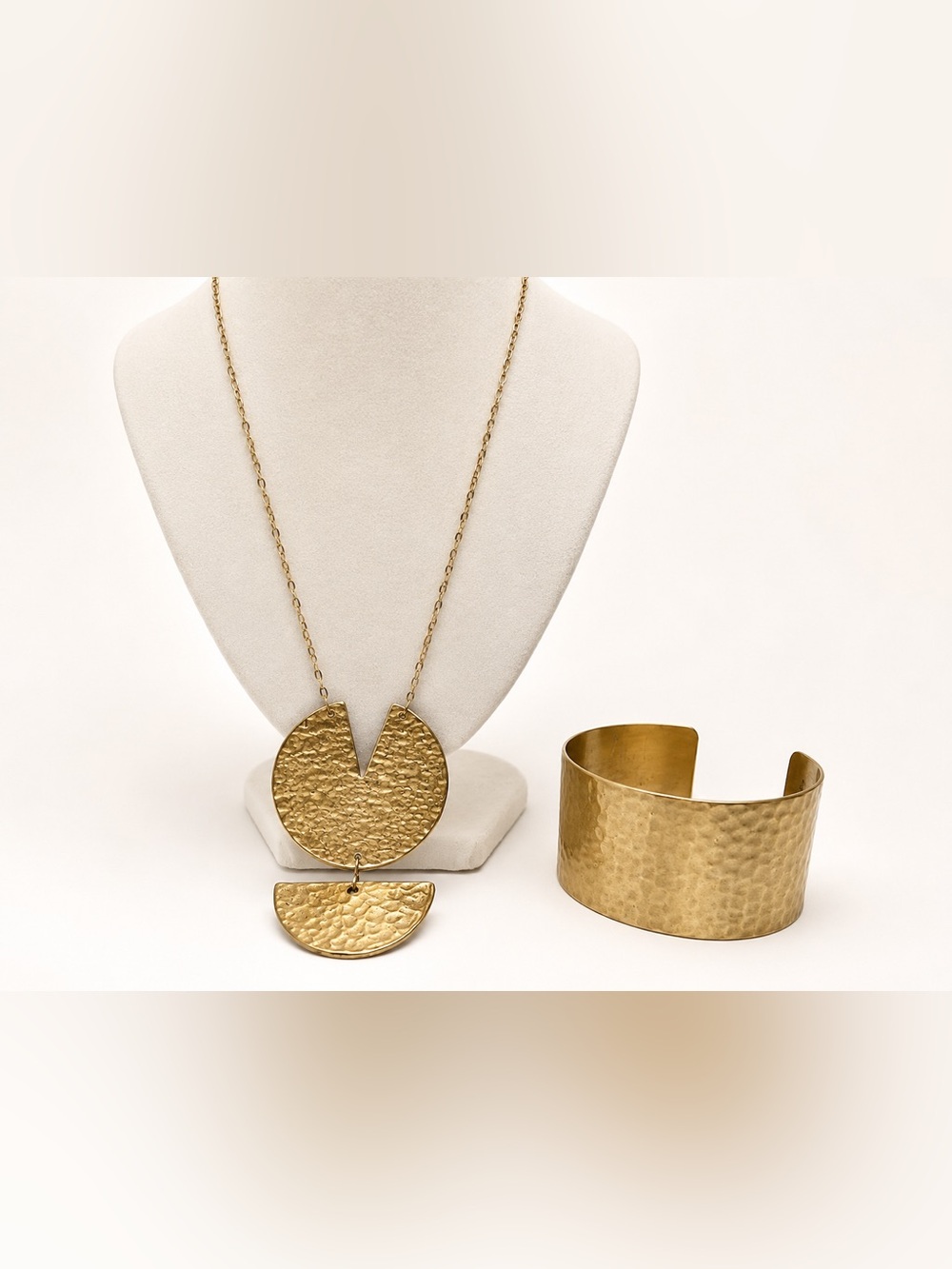 Massimo Dutti Gold-Tone Hammered Disc Necklace and Cuff Bracelet Set